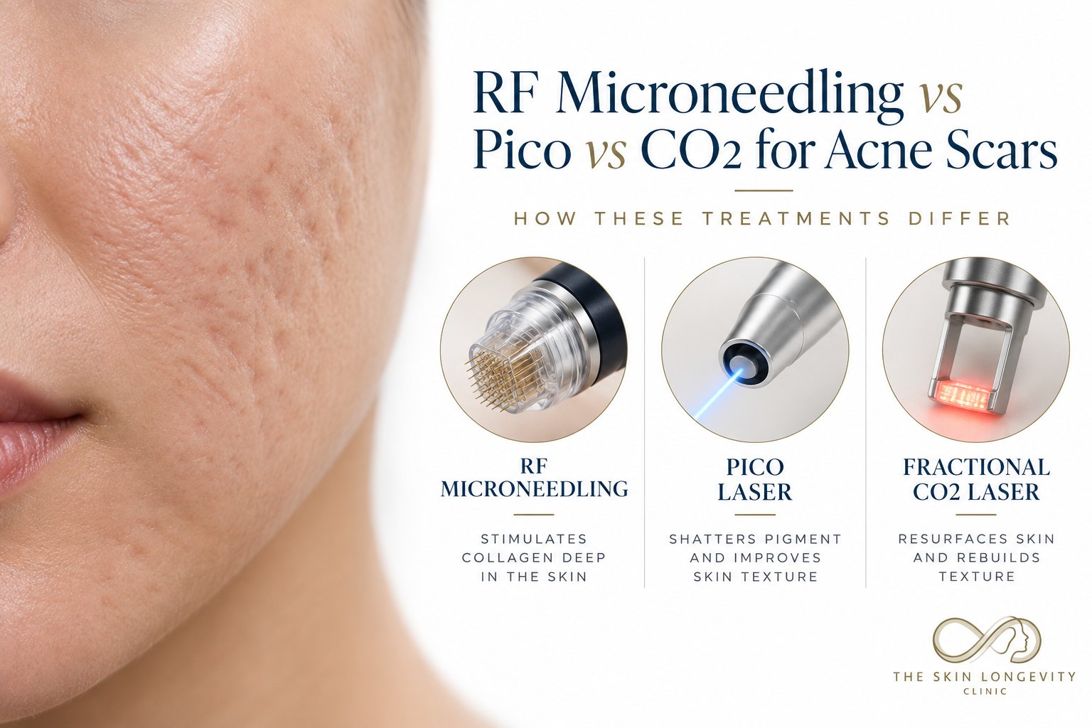 RF microneedling vs pico laser vs fractional CO2 laser for acne scars in Singapore: how the three treatments differ