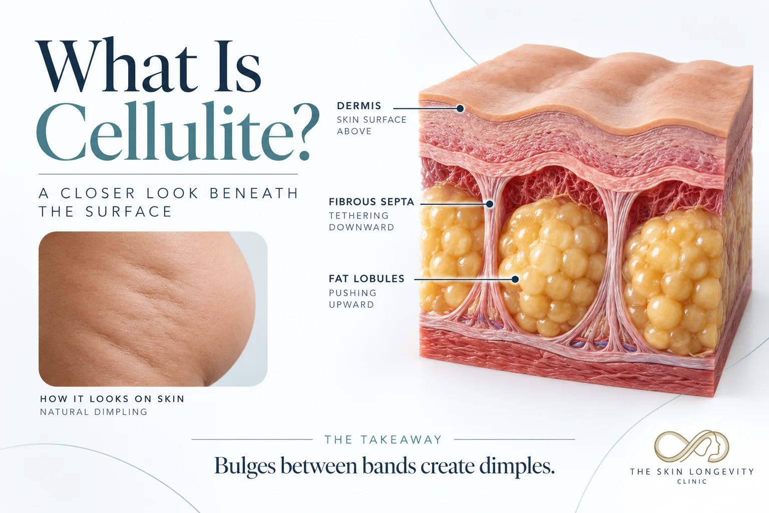 What is cellulite: fibrous septa tether the skin while fat lobules push upward, creating dimples