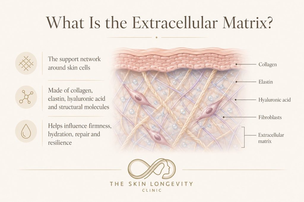 What is the extracellular matrix: collagen, elastin, hyaluronic acid and fibroblasts that an ECM skin booster aims to support