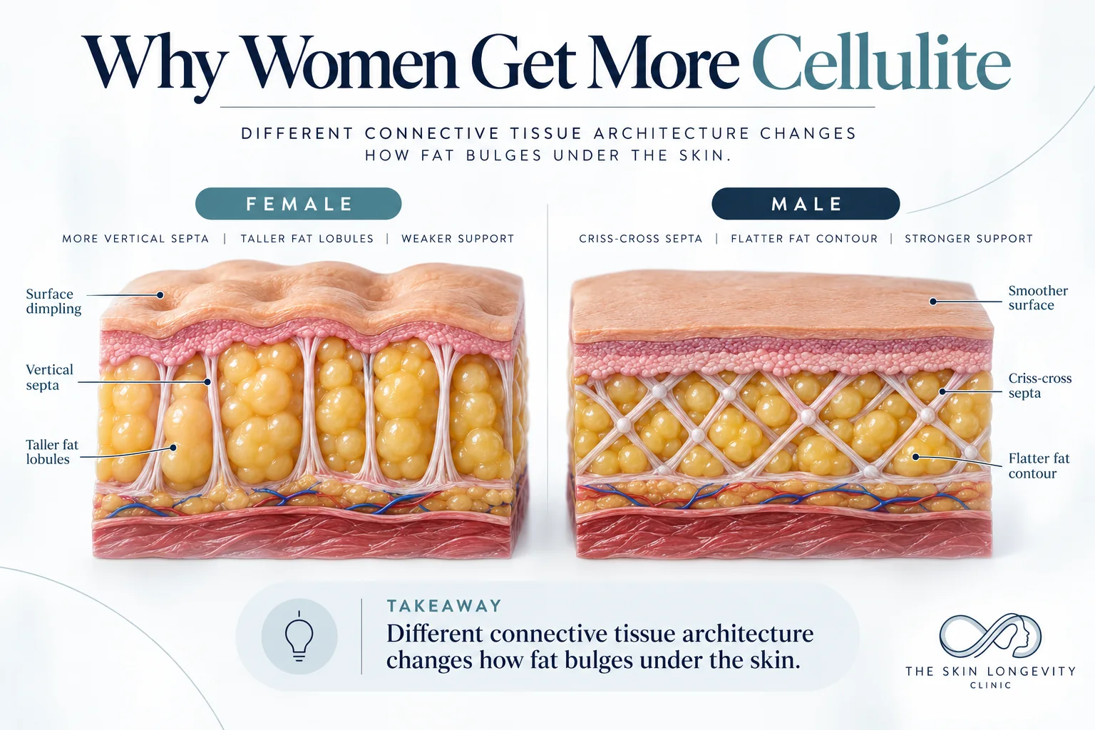 Why women get cellulite on the thighs: vertical septa and taller fat lobules in women vs criss-cross septa in men