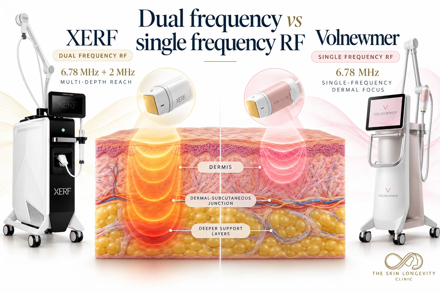 XERF dual frequency RF (6.78 MHz plus 2 MHz) heats the dermis, dermal-subcutaneous junction and deeper support layers; Volnewmer single frequency 6.78 MHz focuses on the dermis